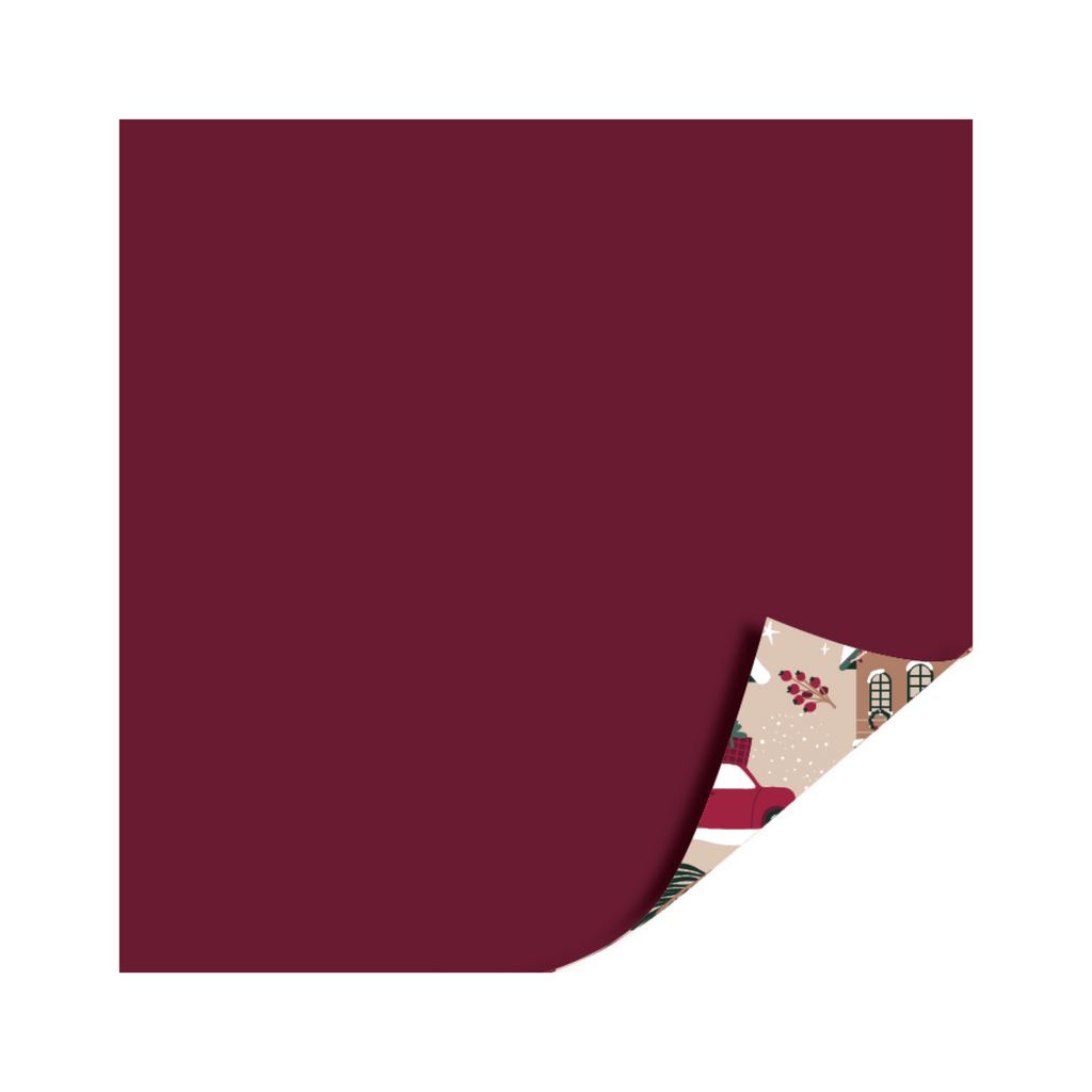 Cadeaupapier - Kersthuisjes/Uni burgundy  - 2 meter