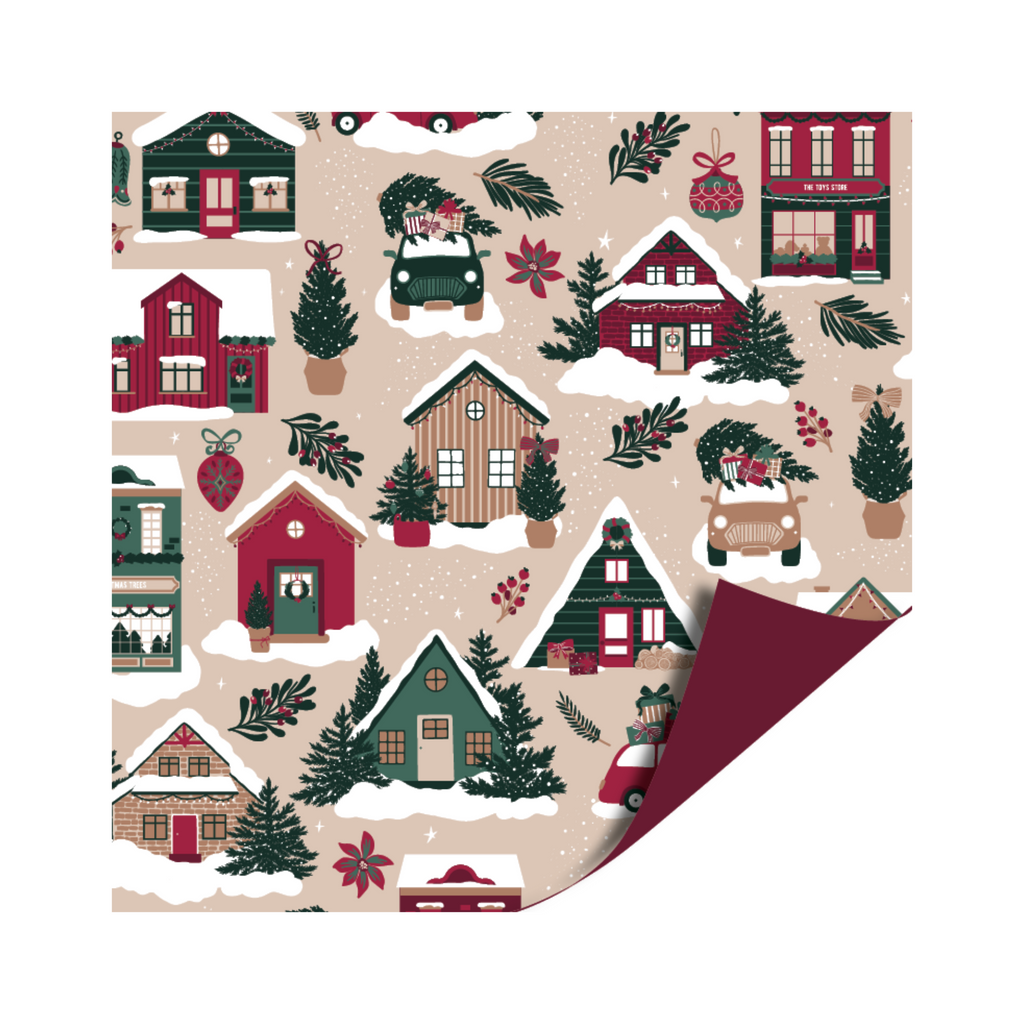 Cadeaupapier - Kersthuisjes/Uni burgundy  - 2 meter