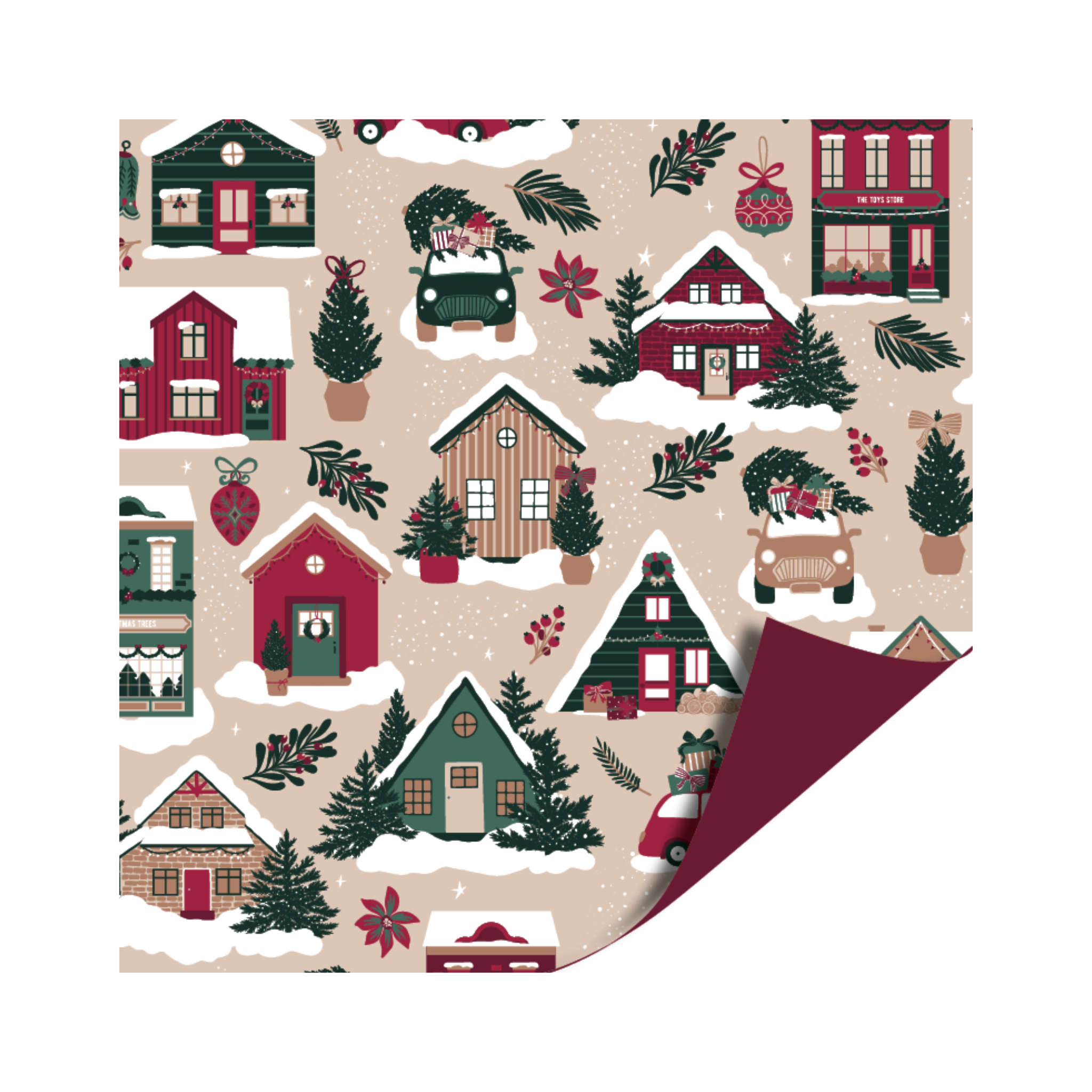 Cadeaupapier -Uni burgundy/Kersthuisjes  - 2 meter